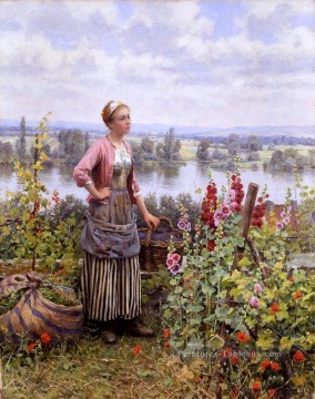 Maria sur la terrasse avec une liasse de pelouse Daniel Ridgway Knight Peinture à l'huile